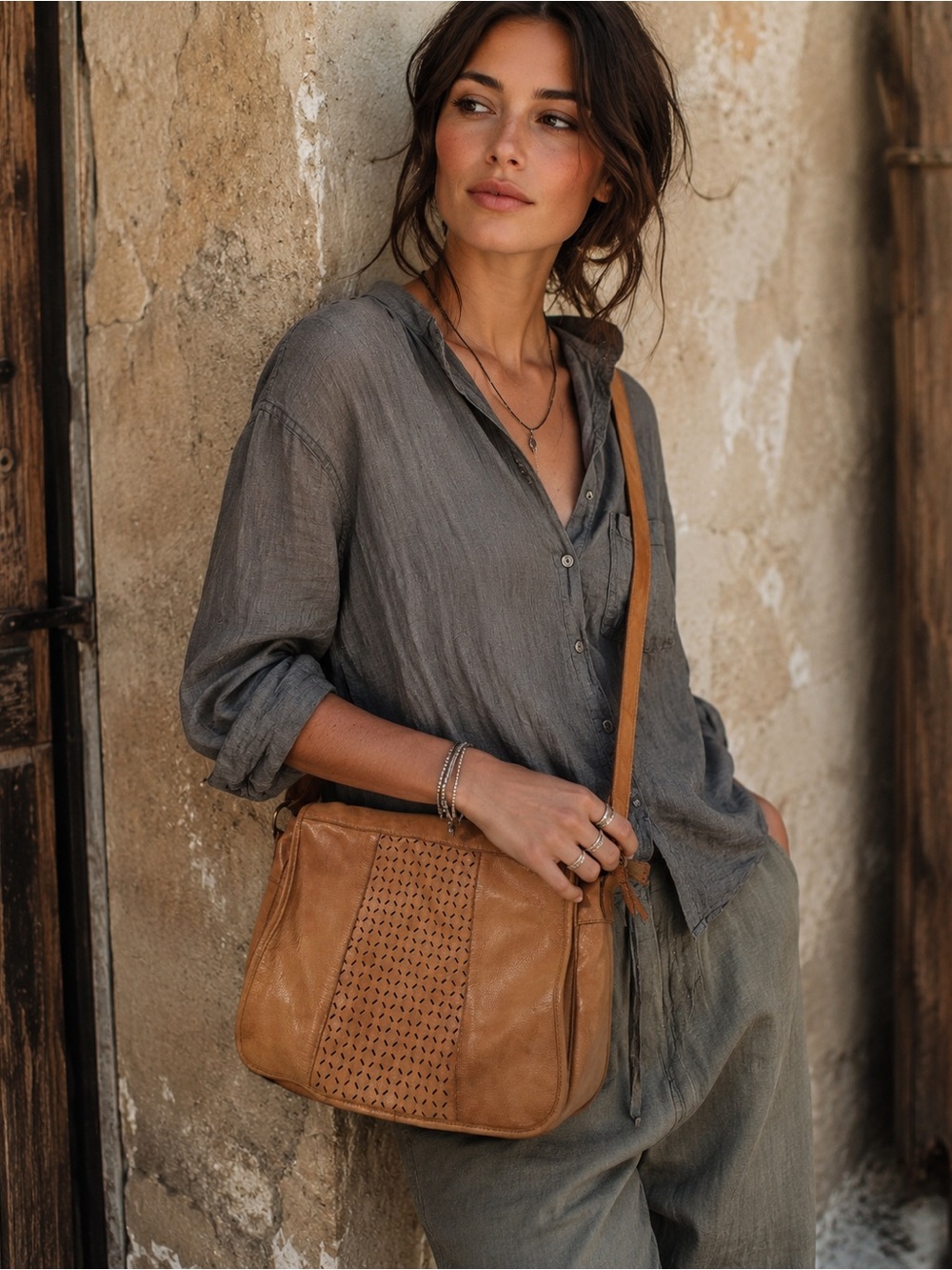 COX Genuine Leather Laser Cut Crossbody Shoulder Bag Tan Boho Adjustable Strap